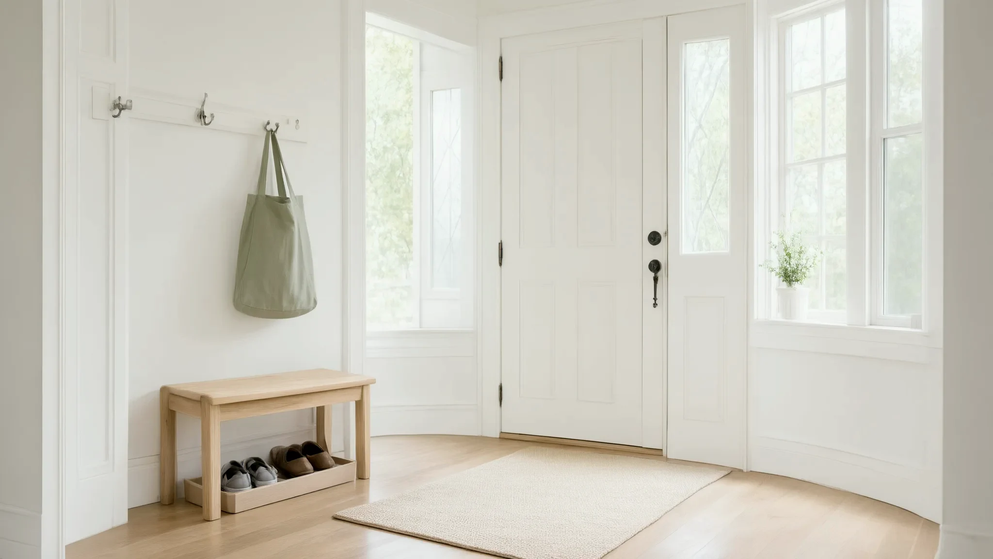 AI illustration: Clean entryway with organized shoes and a clear walking path.
