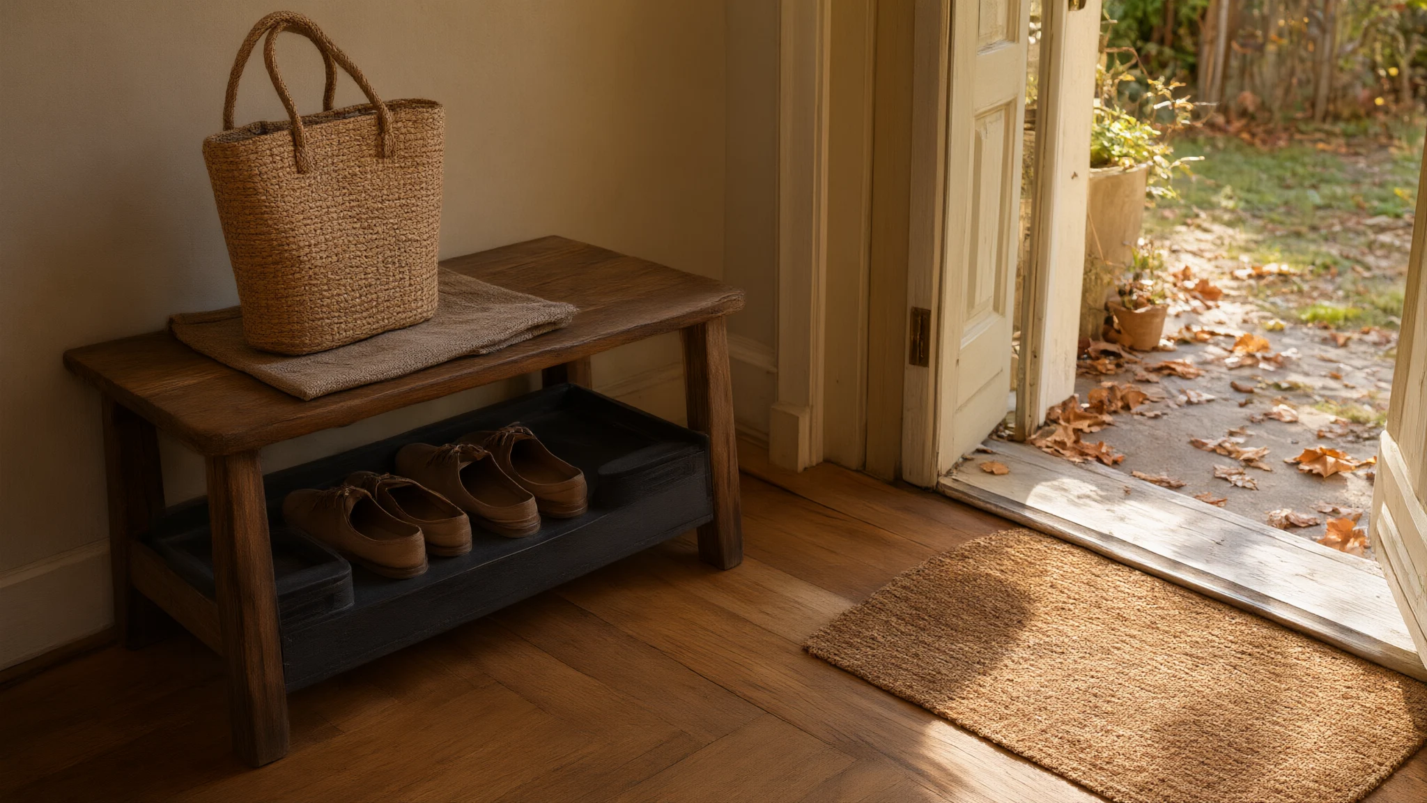 AI illustration: Shoe tray and bag storage beside the entrance.