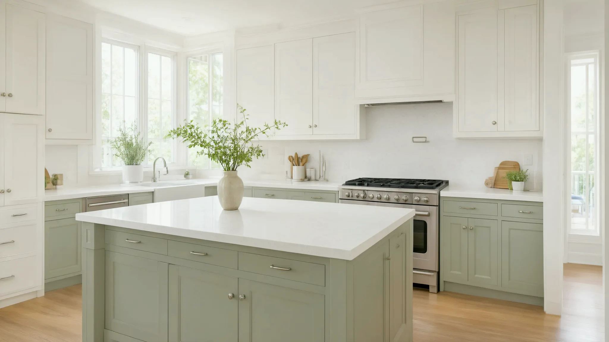 AI illustration: Bright, clean kitchen with white and sage cabinets.