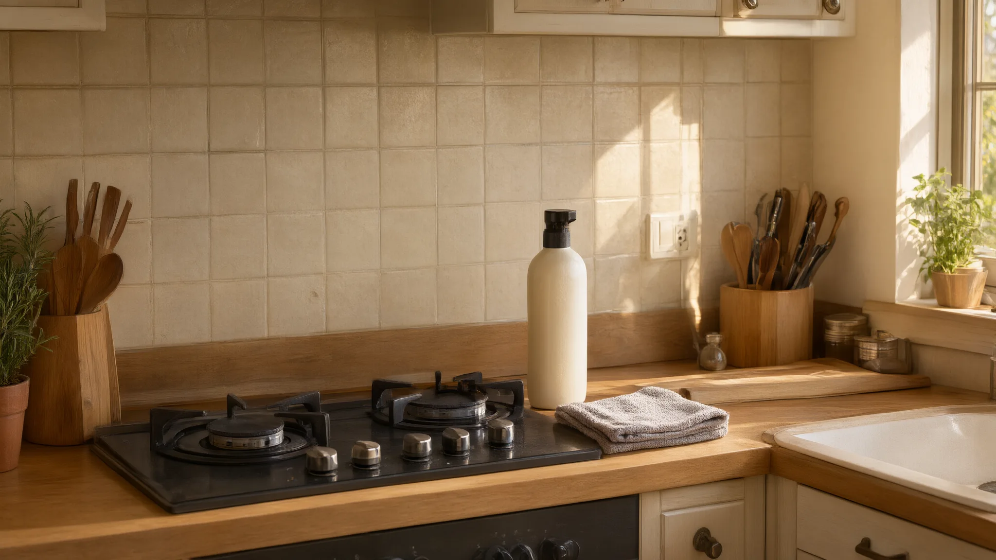 AI illustration: Cooktop and backsplash with a cloth ready for cleaning.