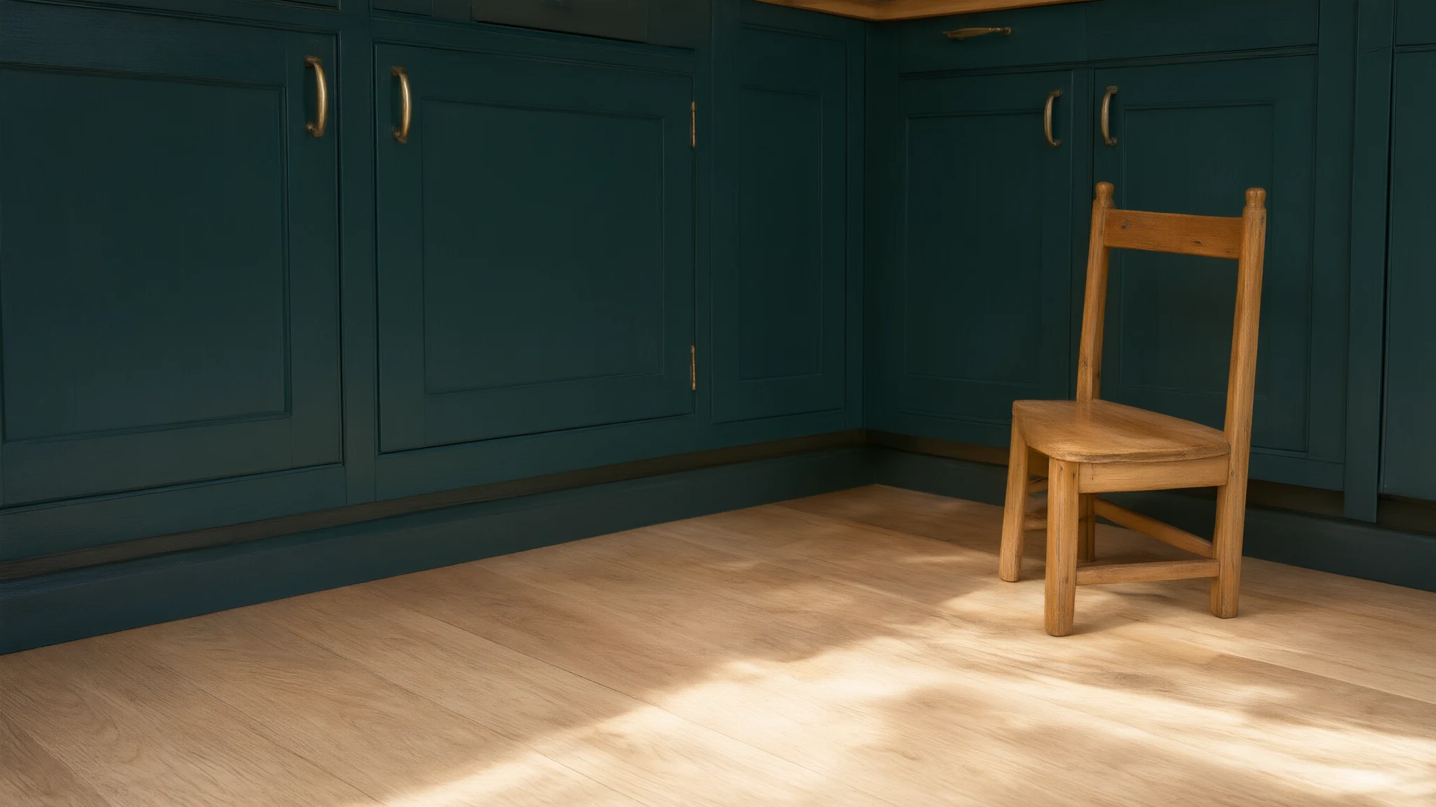 AI illustration: Floor edge beneath kitchen cabinets with a chair moved aside.