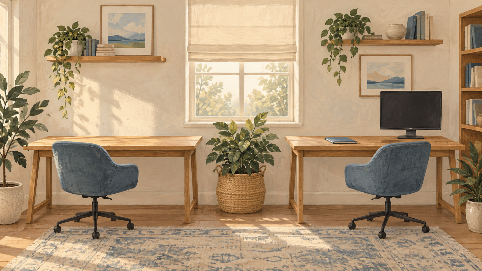 Illustration of two wooden desks with blue chairs, a monitor, shelves and plants around a shared office window.