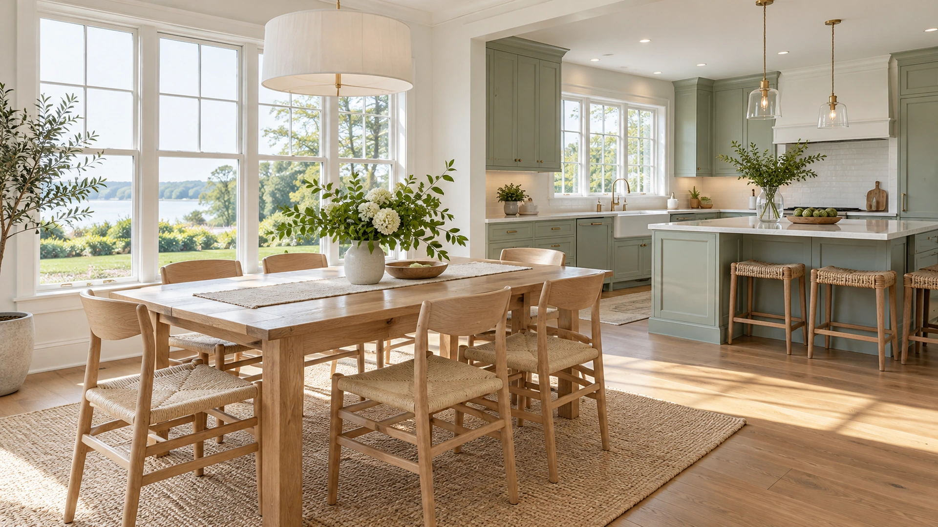 Illustrated bright dining area with oak chairs and sage kitchen cabinets.