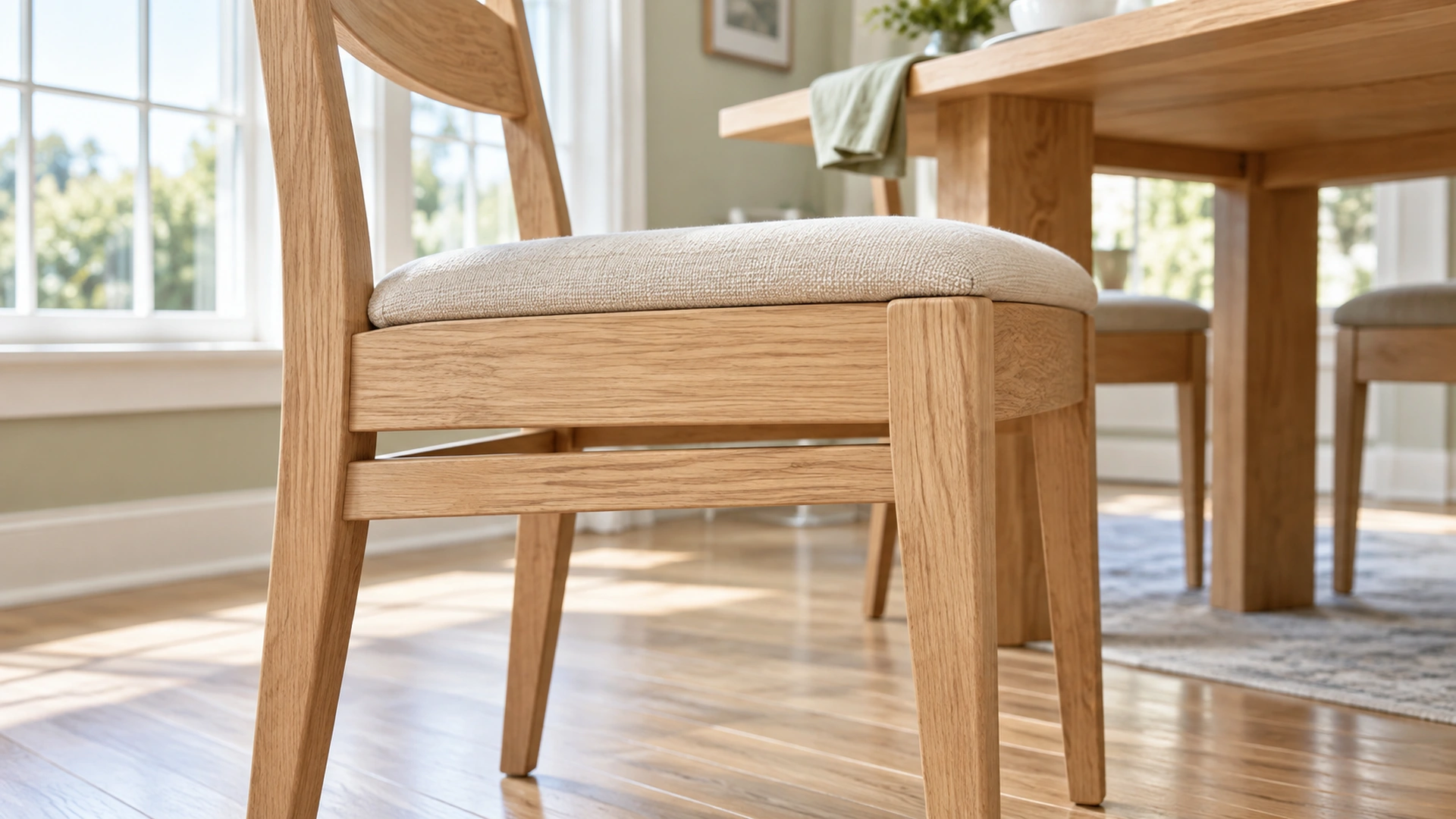 Illustrated close view of a clean dining chair rail below the seat.