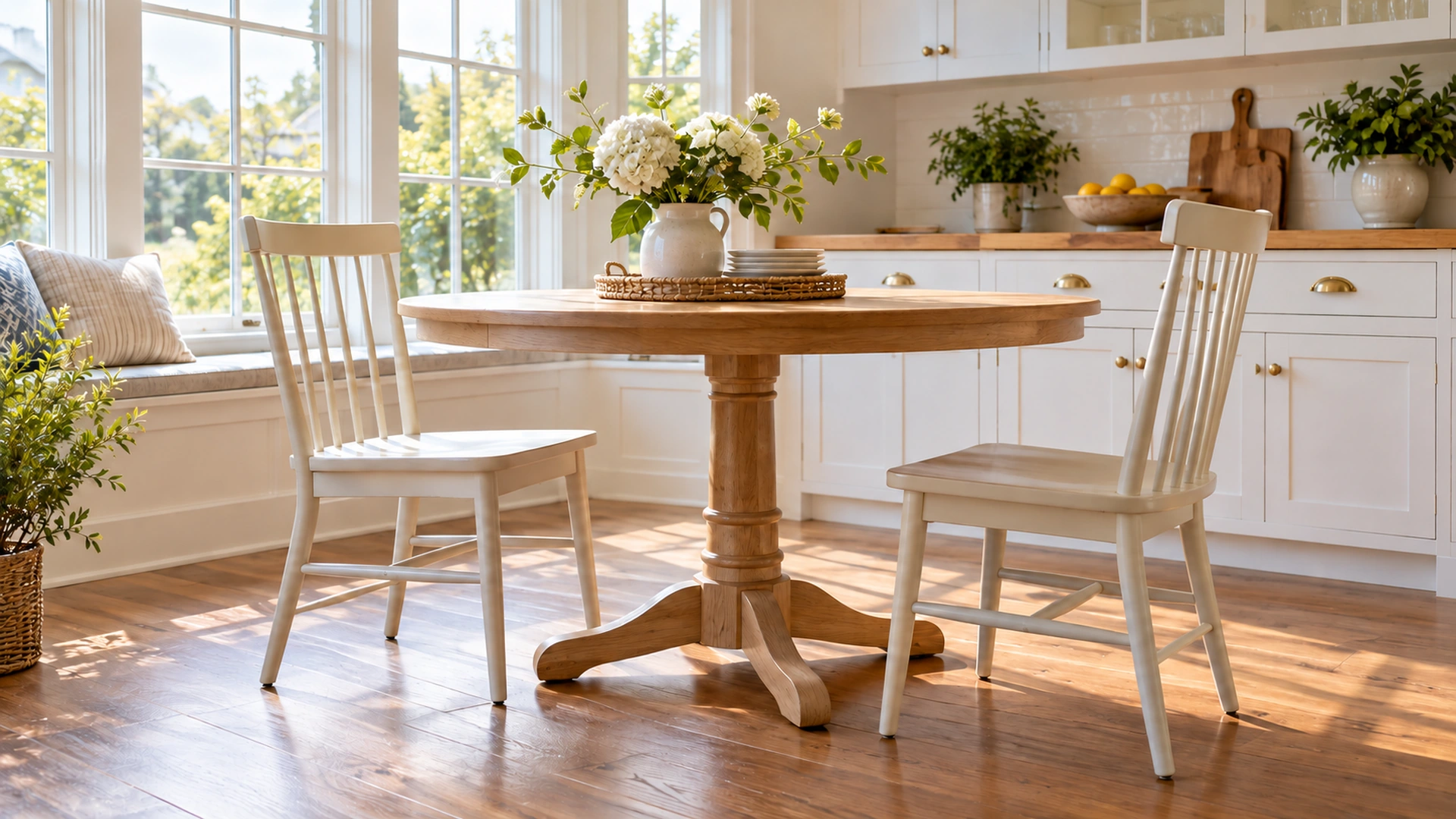Illustrated breakfast nook with clear floor space around dining chair legs.