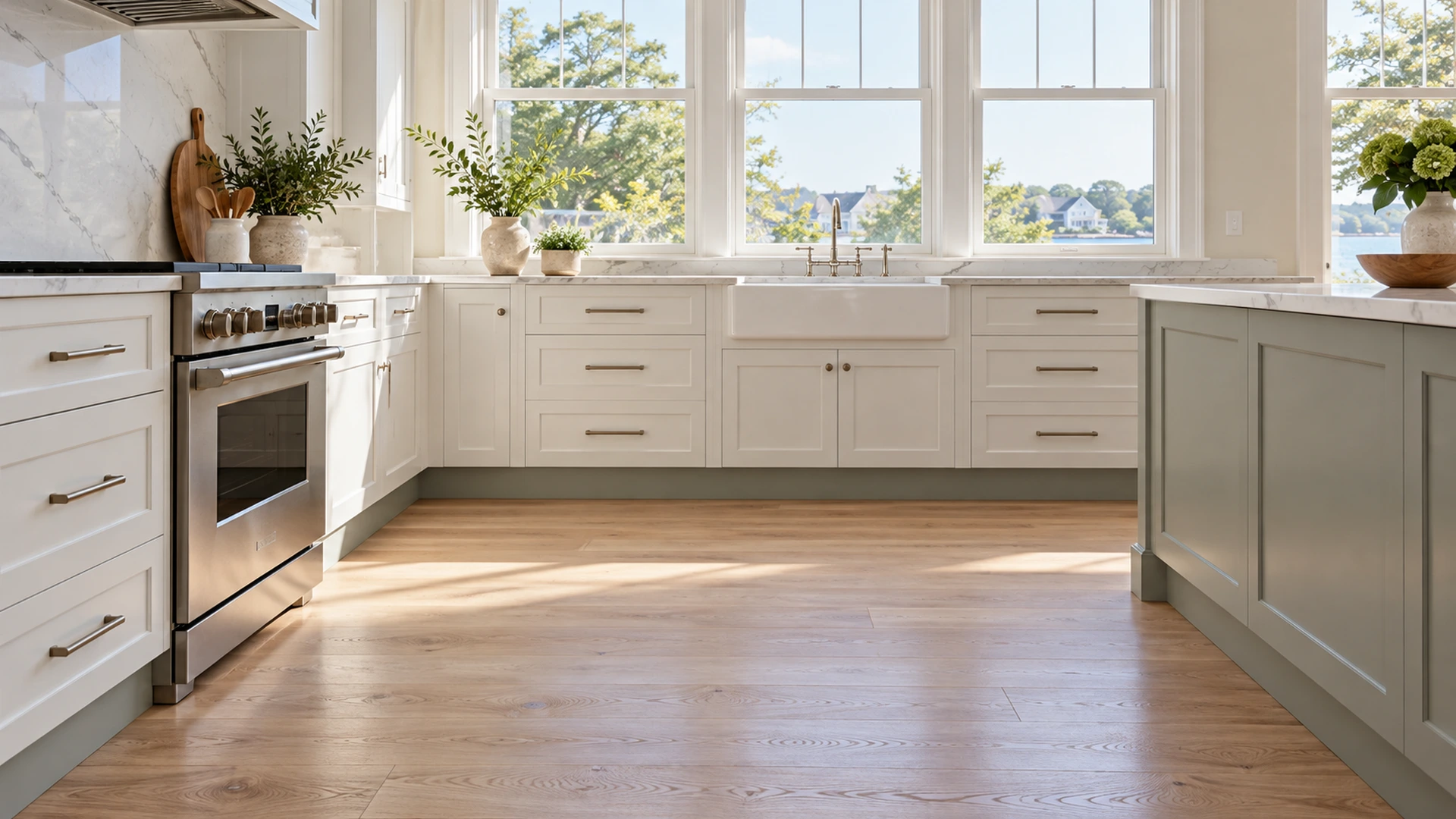 Illustrative white kitchen cabinets with a clean recessed toe-kick.