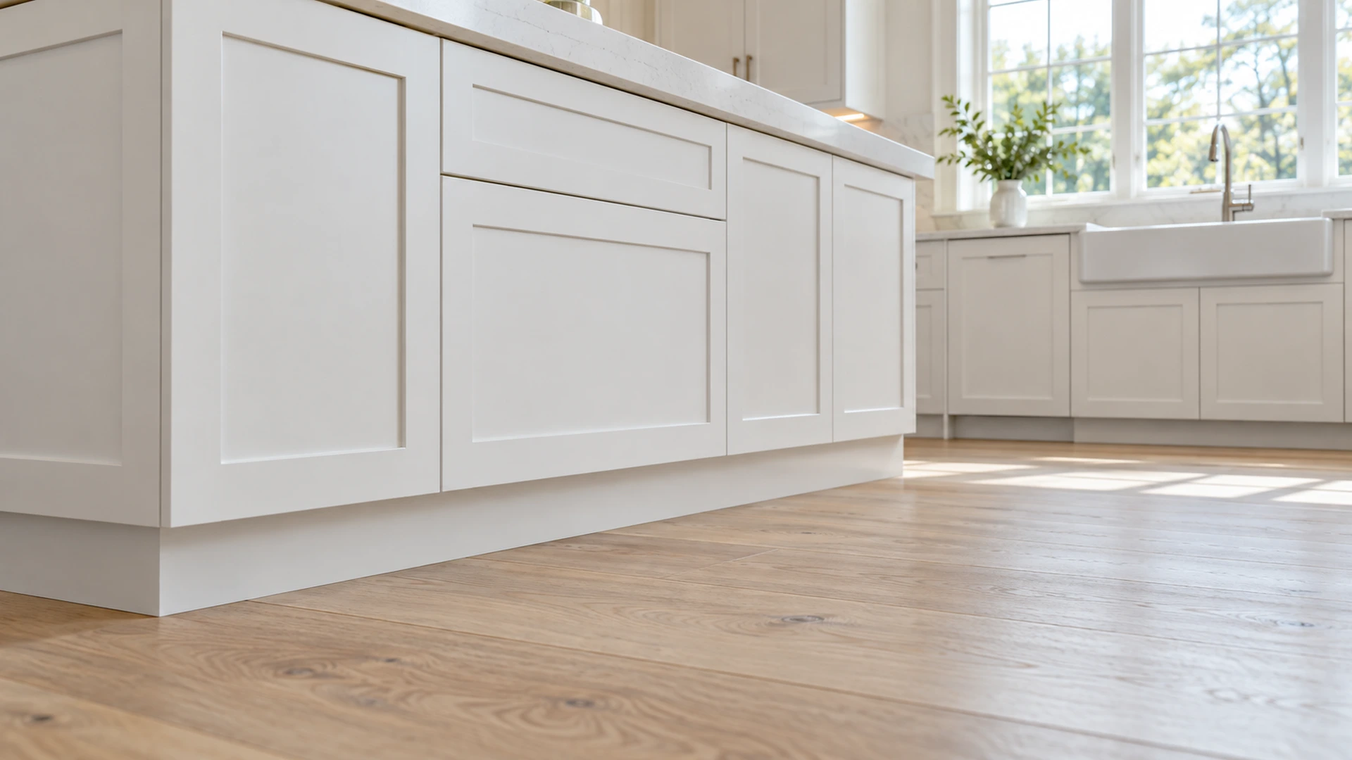 Illustrative white cabinet base above a clean hardwood floor.