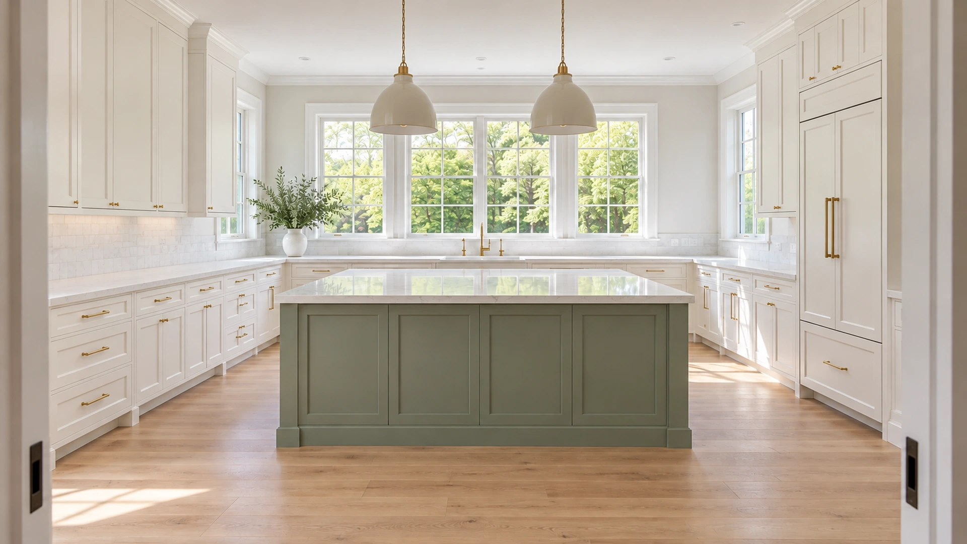 Illustrative sage kitchen island with clear flooring around its base.