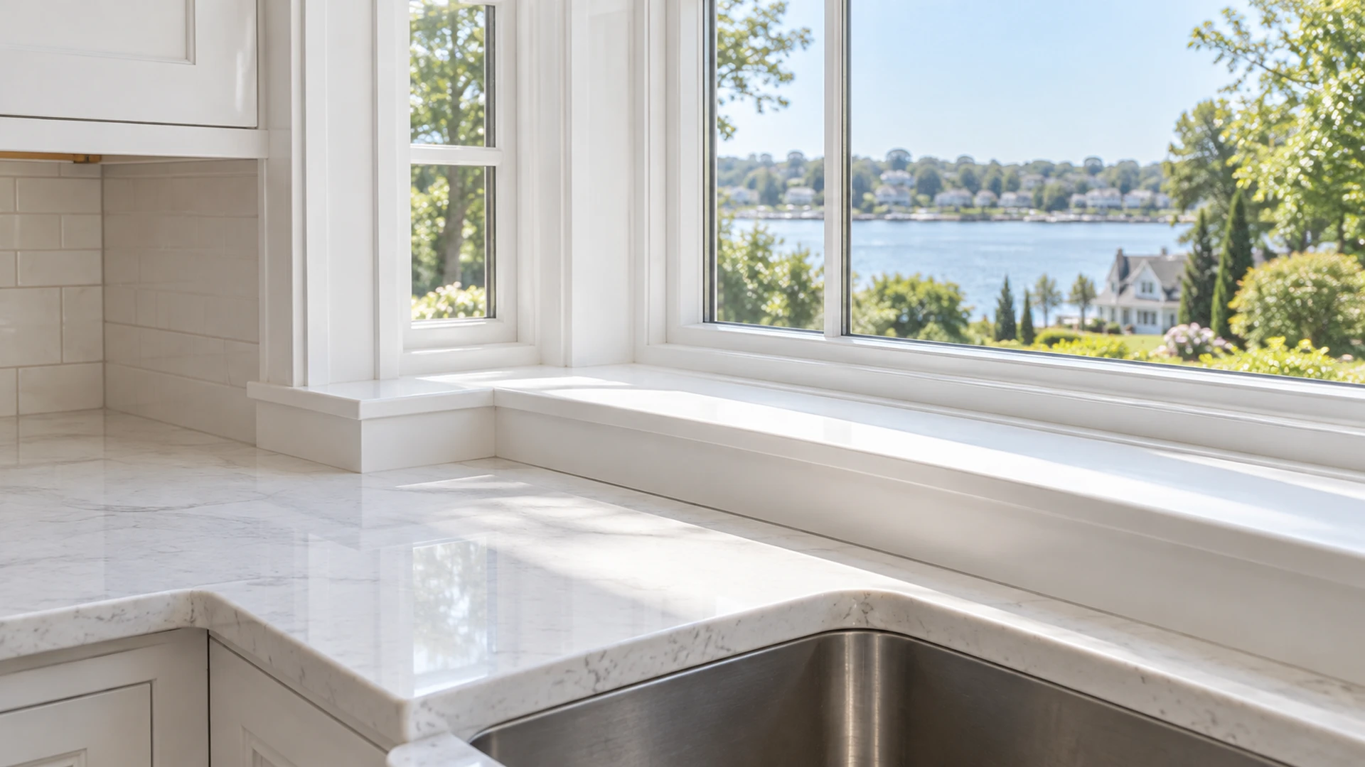 Illustration of clean painted window trim above a sink.