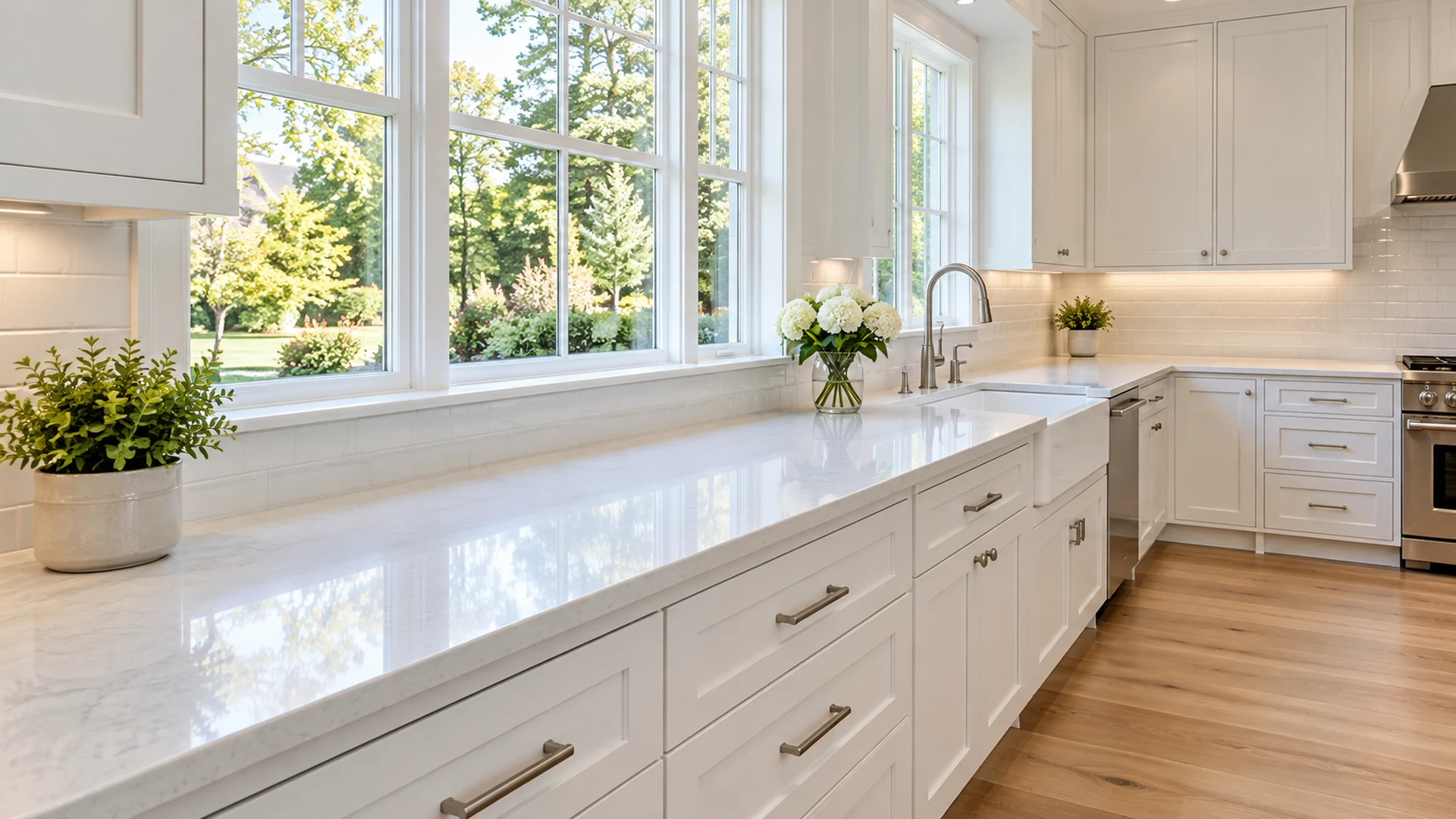 Illustration of a clear quartz counter beneath a kitchen window.