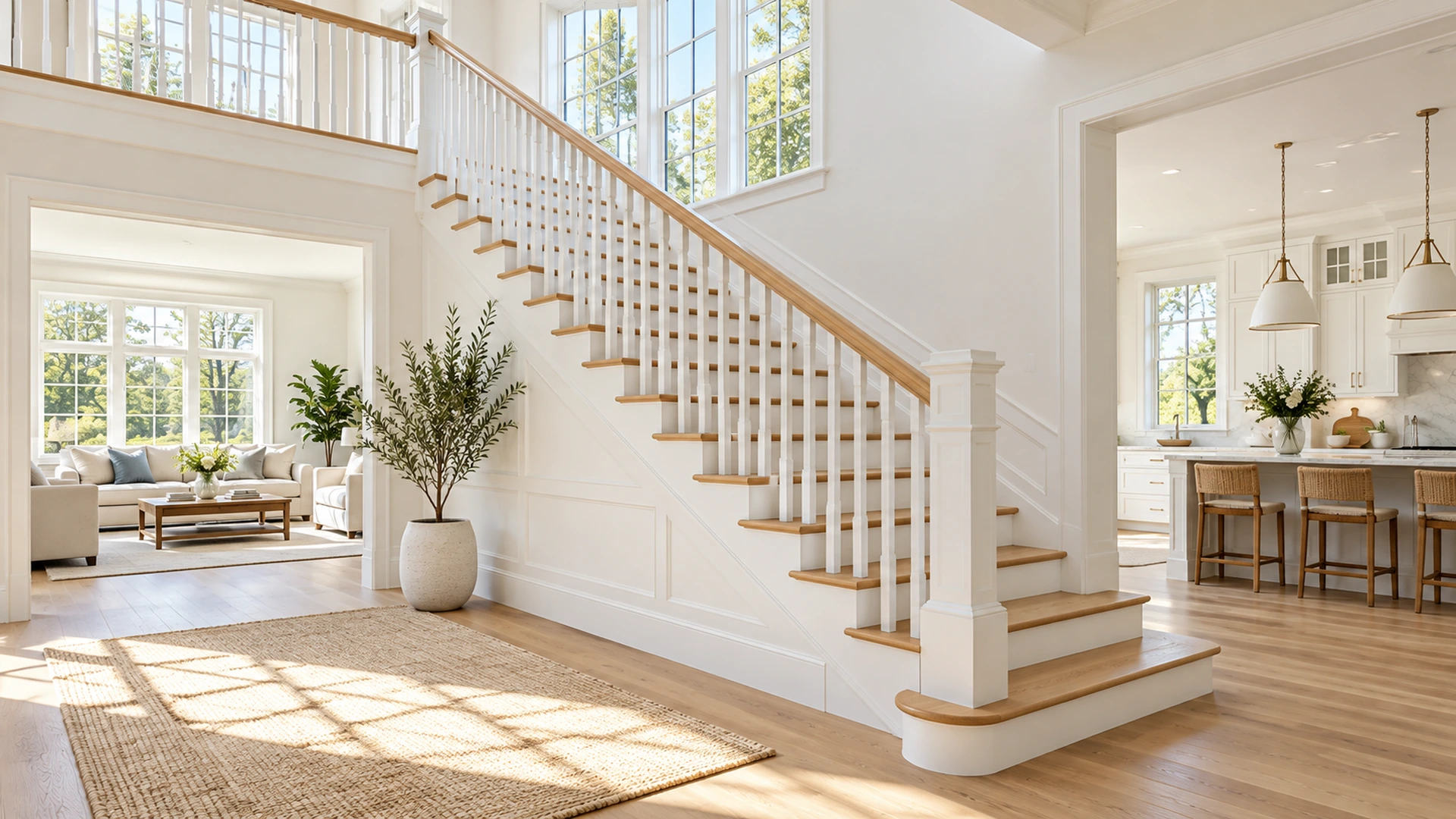 Illustration of a bright staircase with white spindles and oak treads.