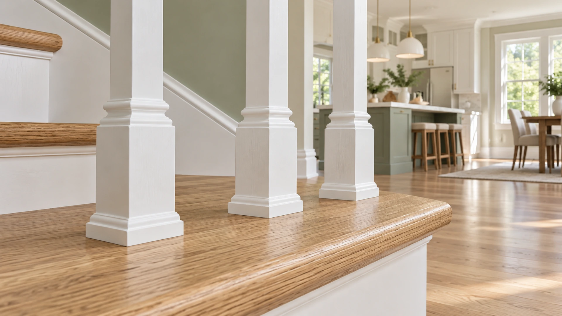 Illustration of clean spindle bases on a light oak stair tread.