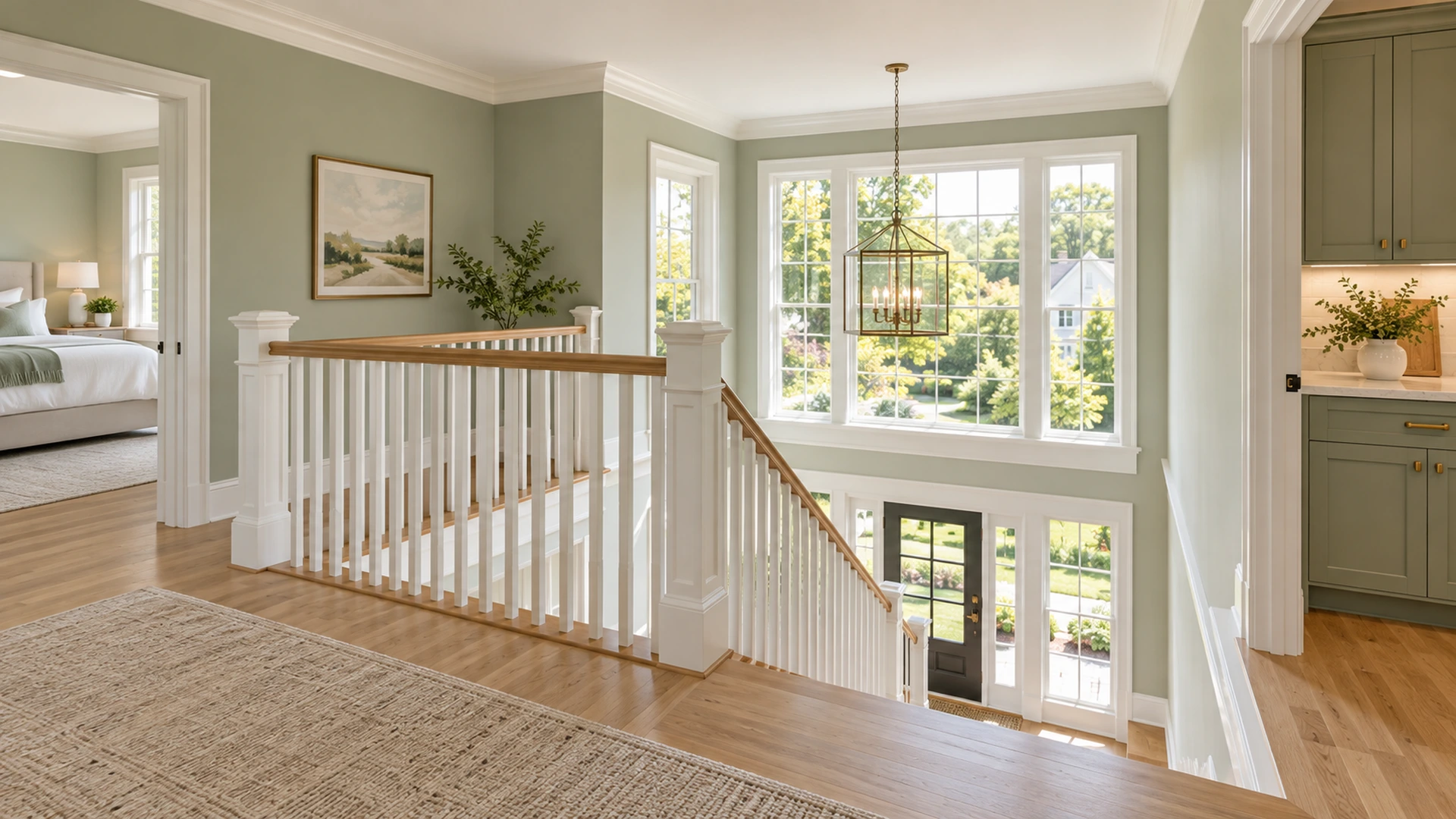 Illustration of an airy upper landing with a white balustrade.